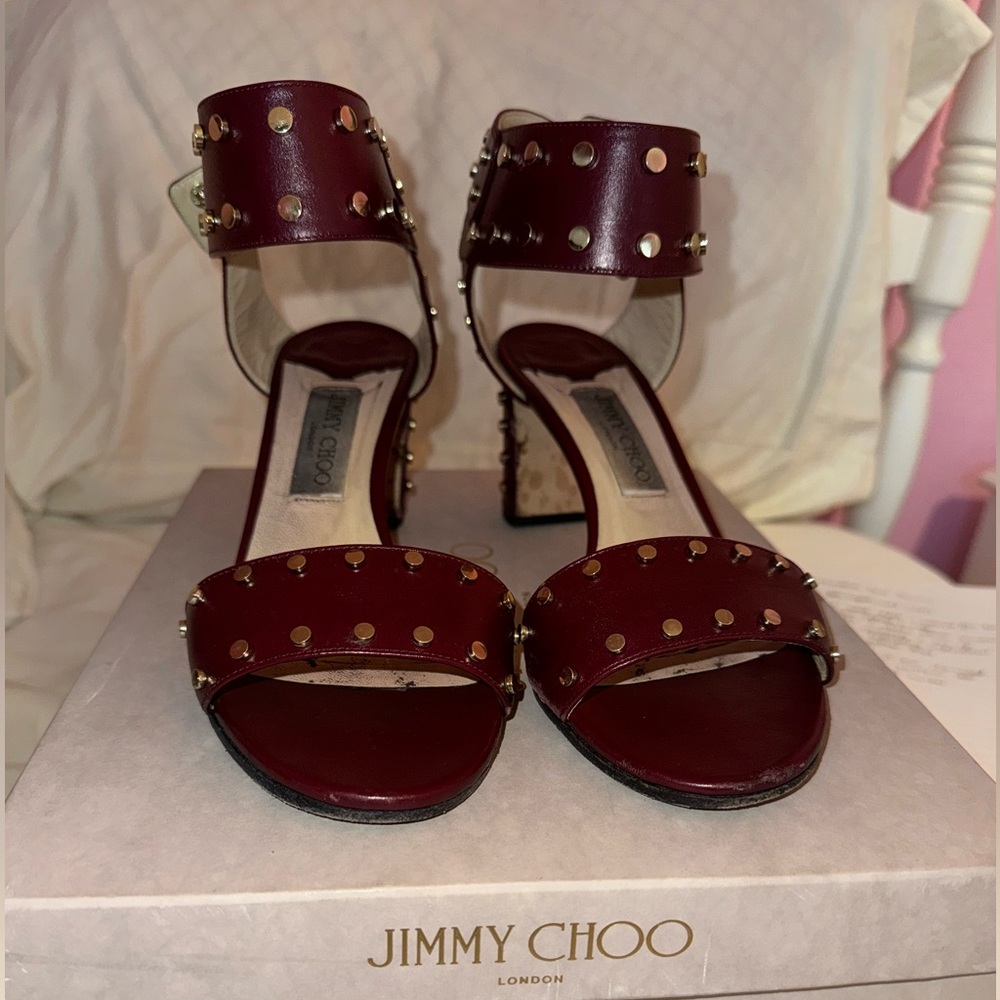 Jimmy Choo Burgundy Studded Women's Sandals